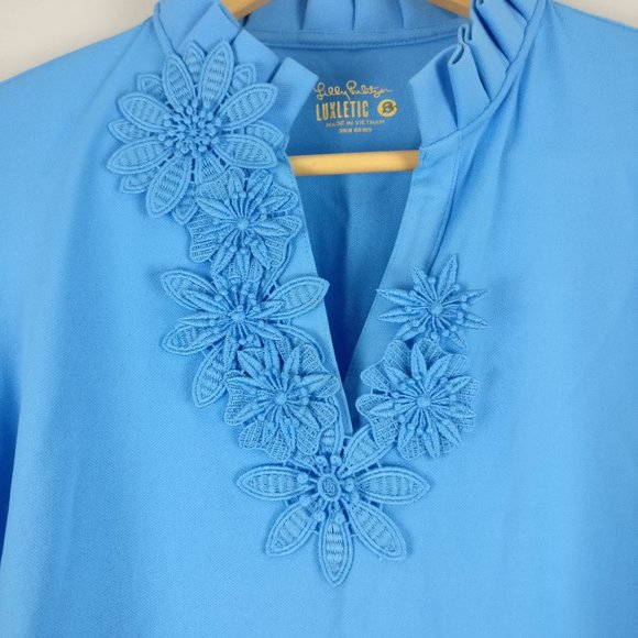 Lilly Pulitzer Tops - Lilly Pulitzer UPF 50+ Luxletic Frida Polo LSleeve S Blue Mandarinneck Crotchet
